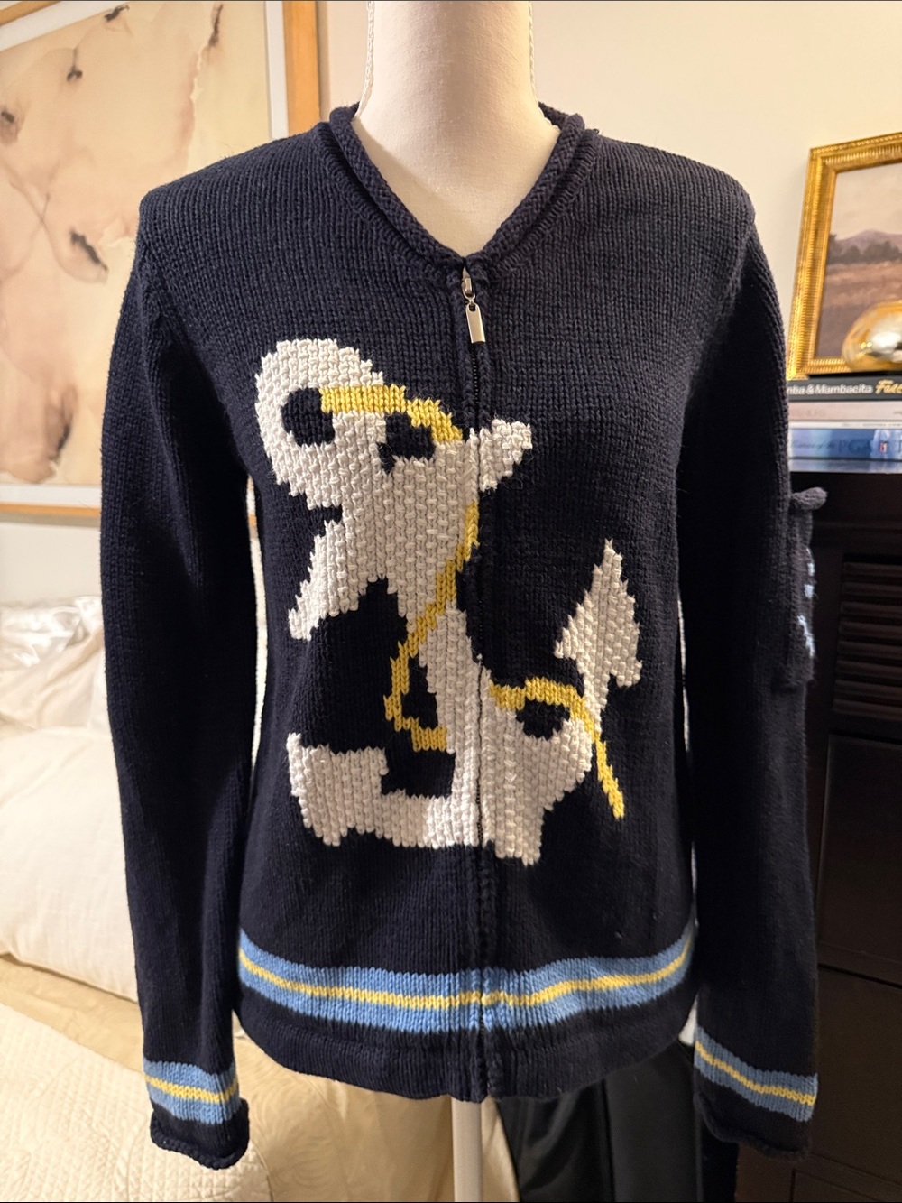 Navy Zip-Up Sweater with White & Yellow Anchor